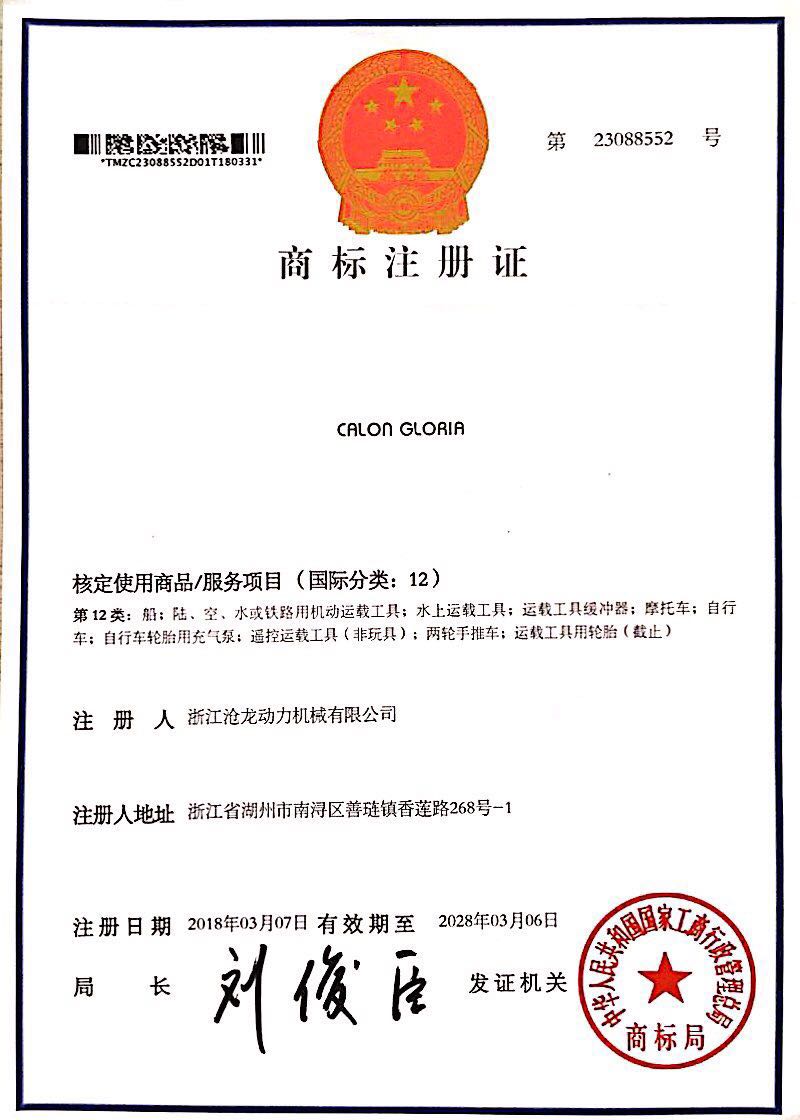 Twelfth Class Trademark Certificate